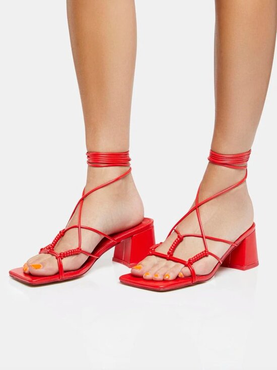 Public Desire Shoes - Public Desire "Fanatic" Red Square Toe Block Heel Strappy Sandals